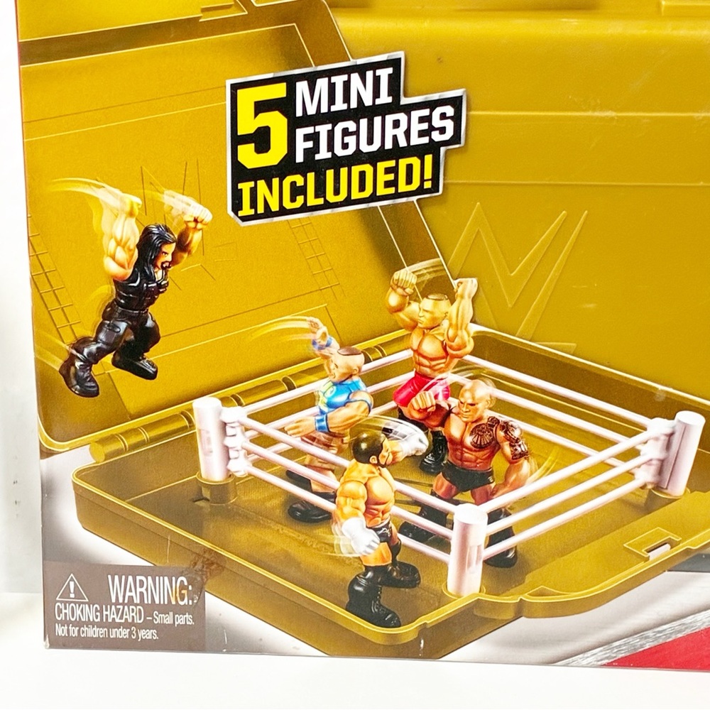 WWE Mighty‎ Minis Portable Wrestling Ring 4 Mini Figures Gold Briefcase 2015 NEW - Picture 2 of 3